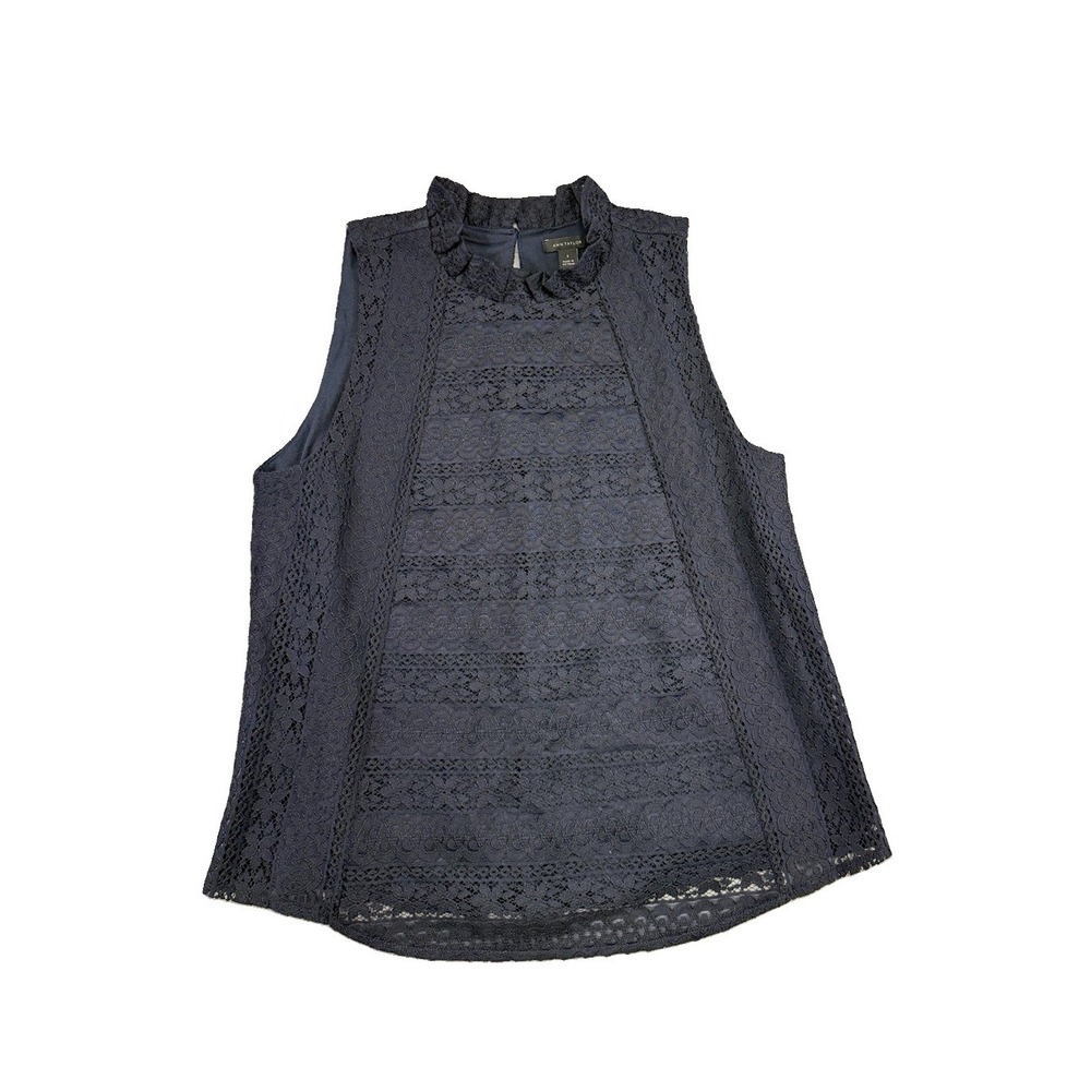Ann Taylor LOFT Navy Blue Sleeveless Lace Overlay Top Size Small Preppy Office